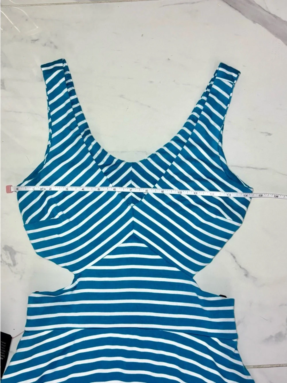 bebe Teal and White Striped High-Low Cutout Dress open back NWT - Picture 12 of 14